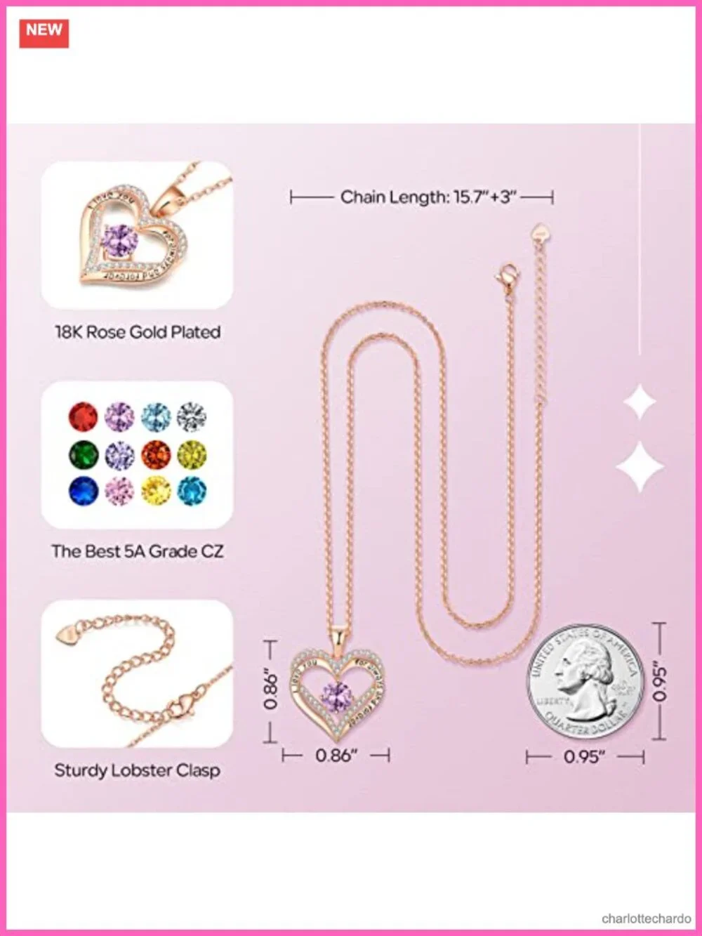 18K Rose Gold Plated Heart Necklace 5A Cubic Zirconia Gift for Her